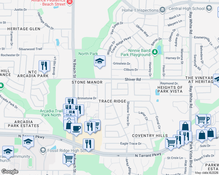 map of restaurants, bars, coffee shops, grocery stores, and more near 8852 Trace Ridge Parkway in Fort Worth