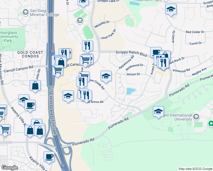 map of restaurants, bars, coffee shops, grocery stores, and more near 10180 Willow Creek Road in San Diego