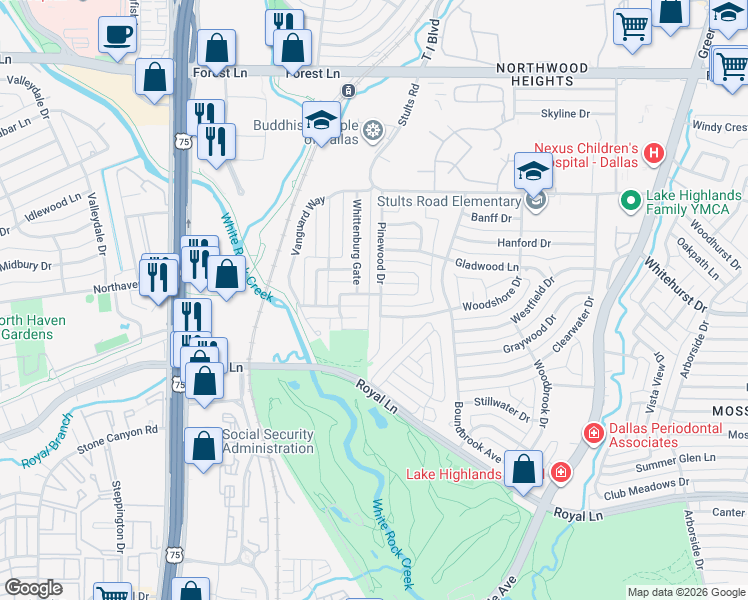 map of restaurants, bars, coffee shops, grocery stores, and more near 9121 Pinewood Drive in Dallas