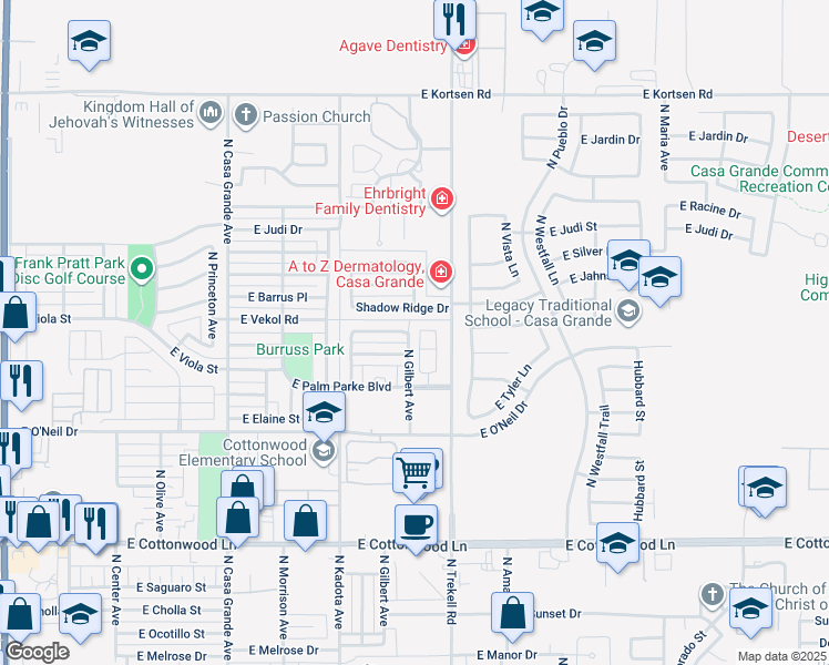 map of restaurants, bars, coffee shops, grocery stores, and more near 1776 North Terrace Circle in Casa Grande