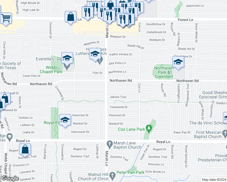 map of restaurants, bars, coffee shops, grocery stores, and more near 3720 Whitehall Drive in Dallas