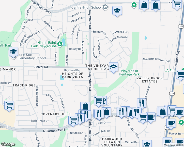 map of restaurants, bars, coffee shops, grocery stores, and more near 8817 Oakville Street in Fort Worth
