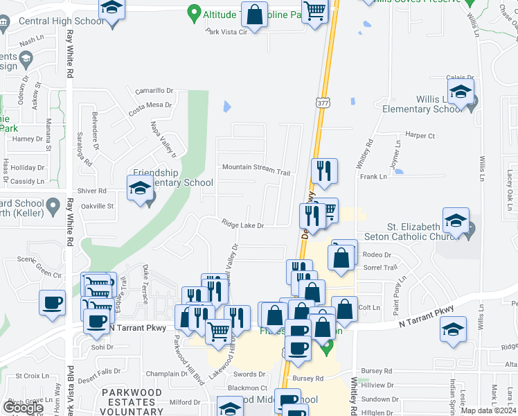 map of restaurants, bars, coffee shops, grocery stores, and more near 8829 Valley River Drive in Fort Worth