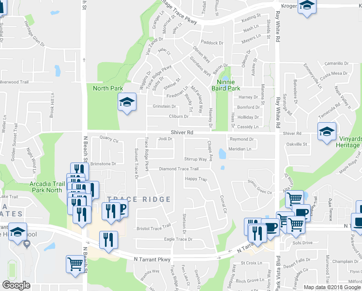 map of restaurants, bars, coffee shops, grocery stores, and more near 8833 Stirrup Way in Fort Worth