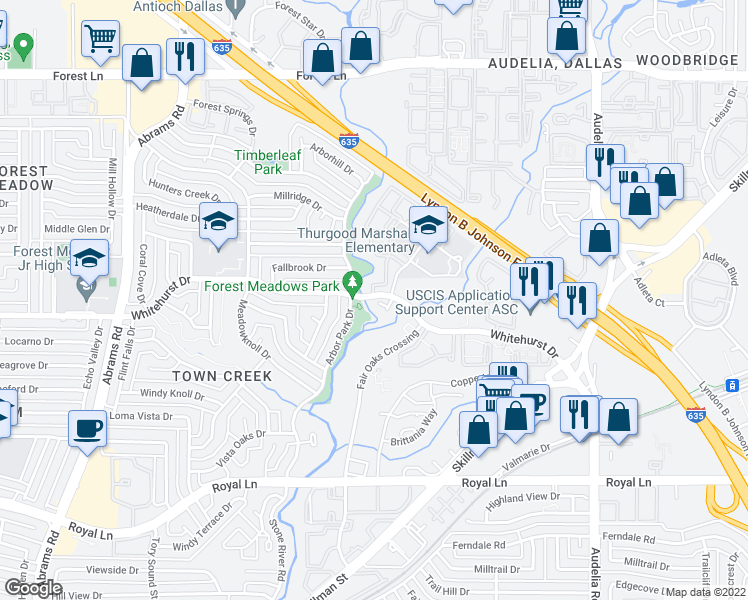 map of restaurants, bars, coffee shops, grocery stores, and more near 9700 Whitehurst Drive in Dallas