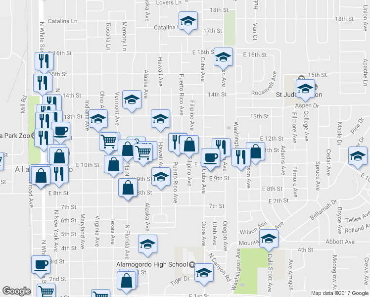 map of restaurants, bars, coffee shops, grocery stores, and more near 1109 Filipino Ave in Alamogordo