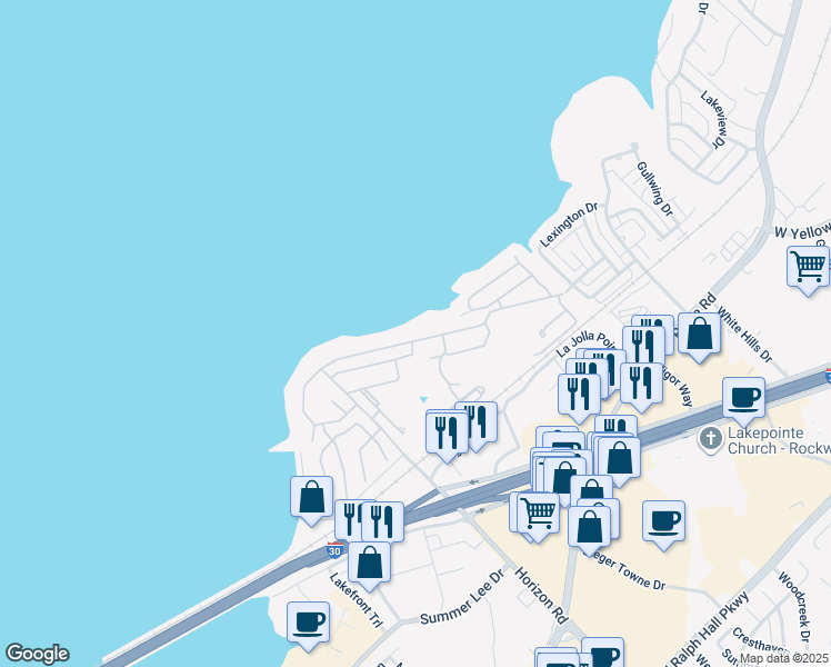 map of restaurants, bars, coffee shops, grocery stores, and more near 3416 Lakeside Drive in Rockwall