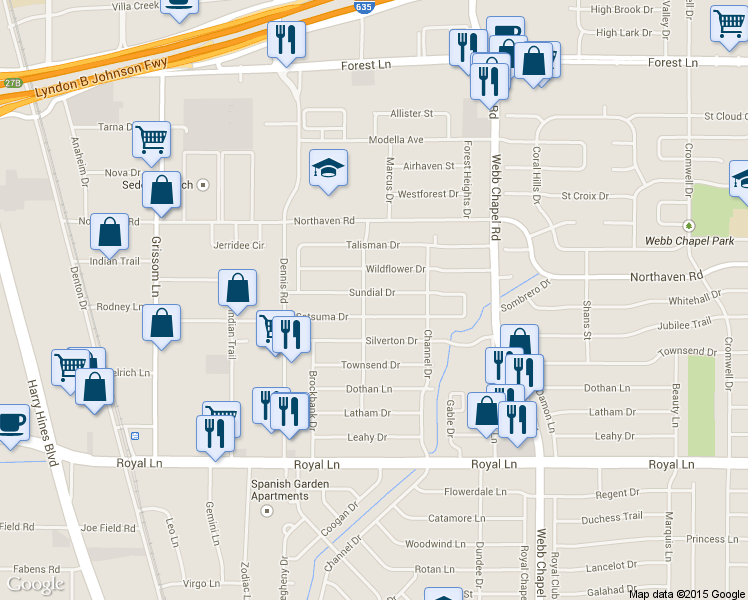 map of restaurants, bars, coffee shops, grocery stores, and more near 3010 Sundial Dr in Dallas