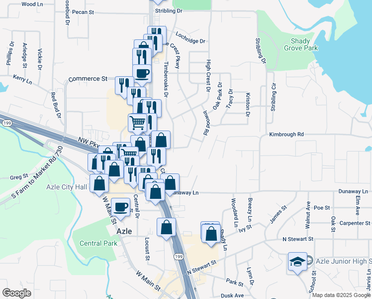 map of restaurants, bars, coffee shops, grocery stores, and more near 516 Lake Crest Pkwy in Azle
