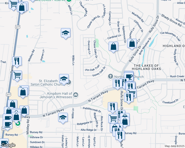 map of restaurants, bars, coffee shops, grocery stores, and more near 429 Vasey Oak Drive in Keller
