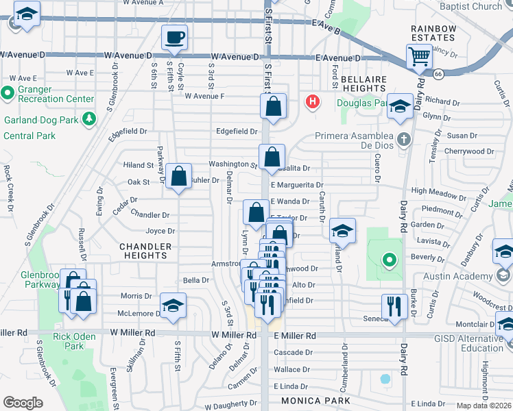 map of restaurants, bars, coffee shops, grocery stores, and more near 106 West Wanda Drive in Garland