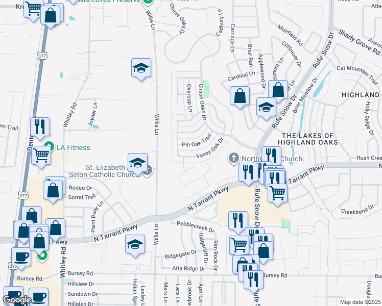 map of restaurants, bars, coffee shops, grocery stores, and more near 429 Vasey Oak Drive in Keller