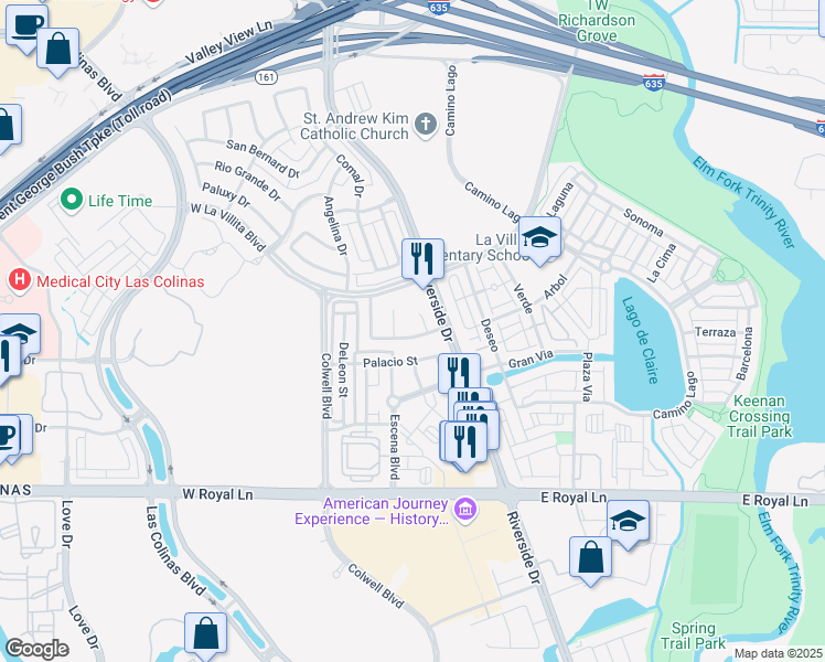 map of restaurants, bars, coffee shops, grocery stores, and more near 215 Rolling Fork Bend in Irving