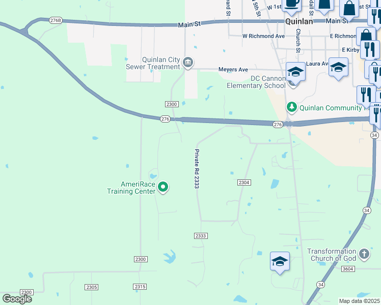 map of restaurants, bars, coffee shops, grocery stores, and more near 9996 Private Road 2333 in Quinlan