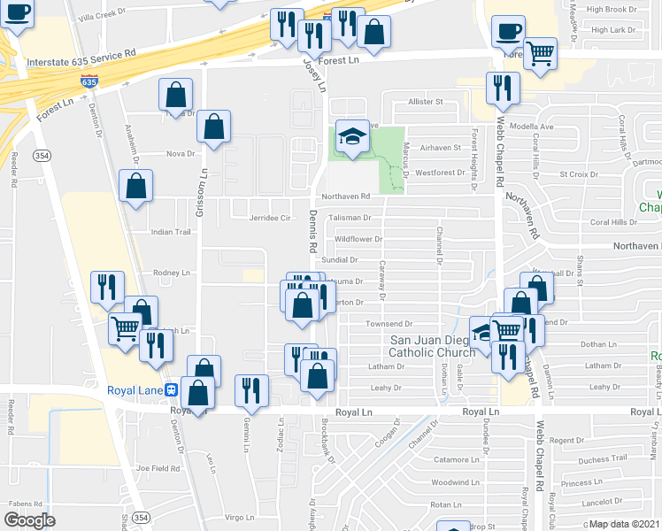 map of restaurants, bars, coffee shops, grocery stores, and more near 2920 Sundial Drive in Dallas
