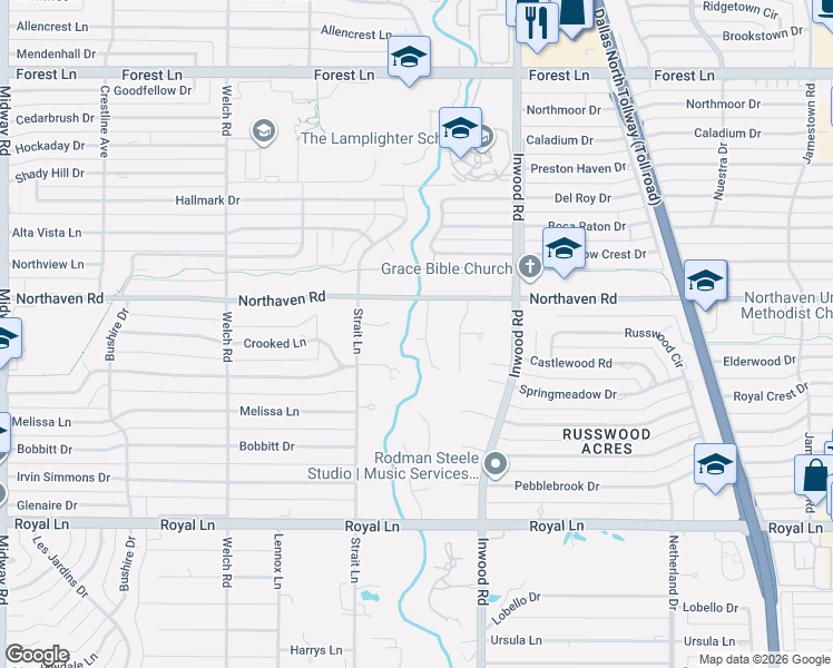map of restaurants, bars, coffee shops, grocery stores, and more near 11239 Leachman Circle in Dallas