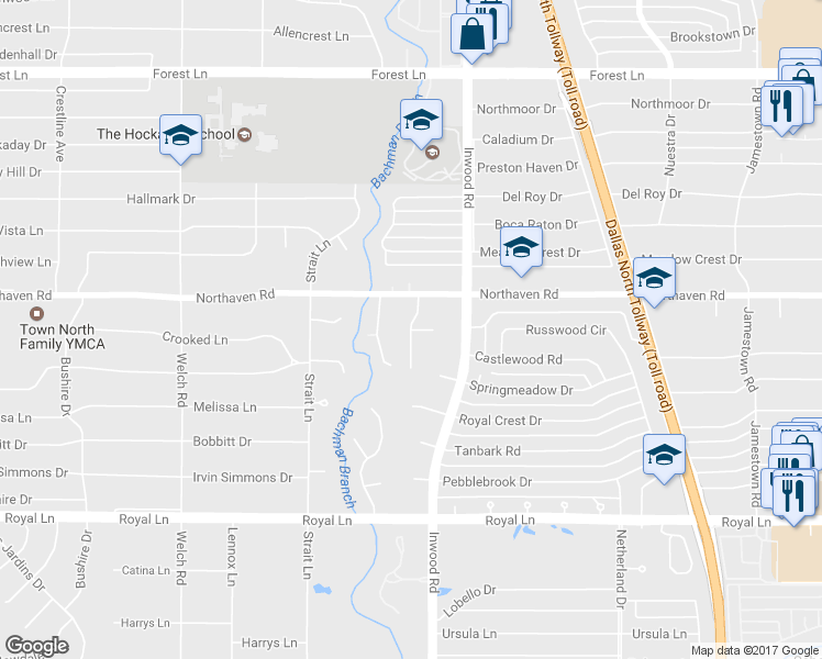 map of restaurants, bars, coffee shops, grocery stores, and more near Shelterwood Lane in Dallas