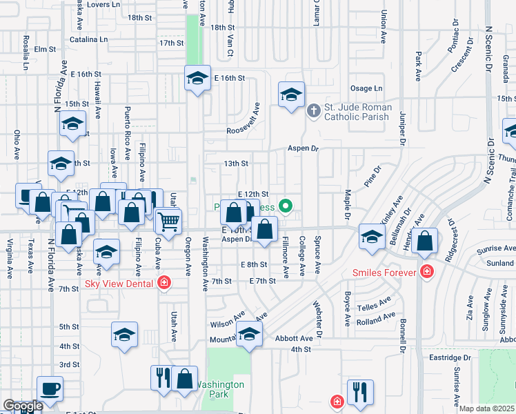 map of restaurants, bars, coffee shops, grocery stores, and more near 1100 Monroe Avenue in Alamogordo