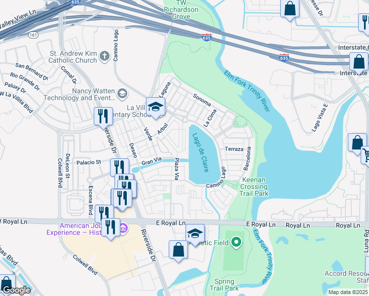 map of restaurants, bars, coffee shops, grocery stores, and more near 6714 Plaza Via in Irving