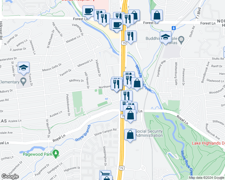map of restaurants, bars, coffee shops, grocery stores, and more near 7930 Northaven Road in Dallas