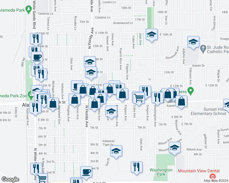map of restaurants, bars, coffee shops, grocery stores, and more near 1111 Puerto Rico Avenue in Alamogordo