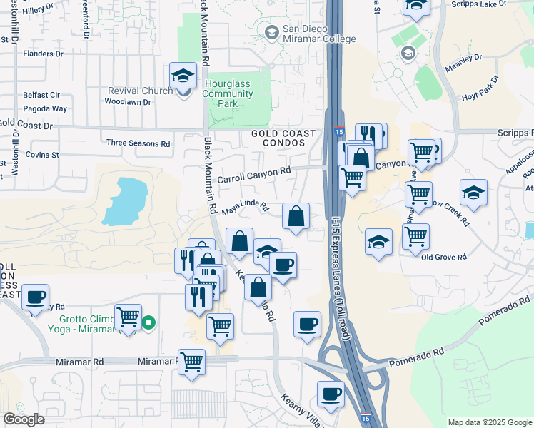map of restaurants, bars, coffee shops, grocery stores, and more near 10016 Maya Linda Road in San Diego