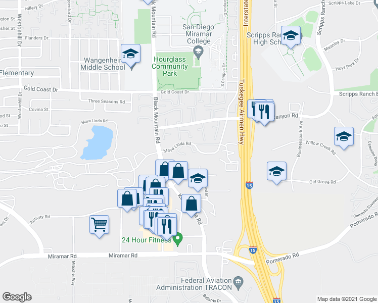 map of restaurants, bars, coffee shops, grocery stores, and more near 9949 Maya Linda Road in San Diego