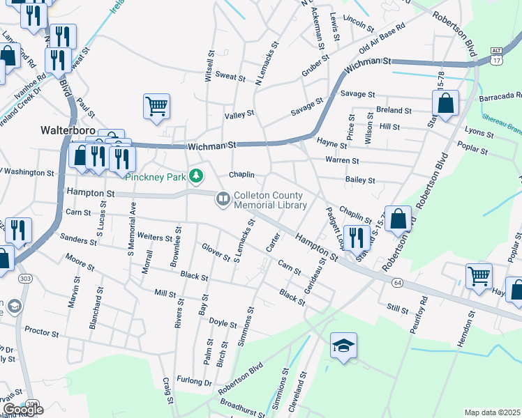map of restaurants, bars, coffee shops, grocery stores, and more near 701 Hampton Street in Walterboro