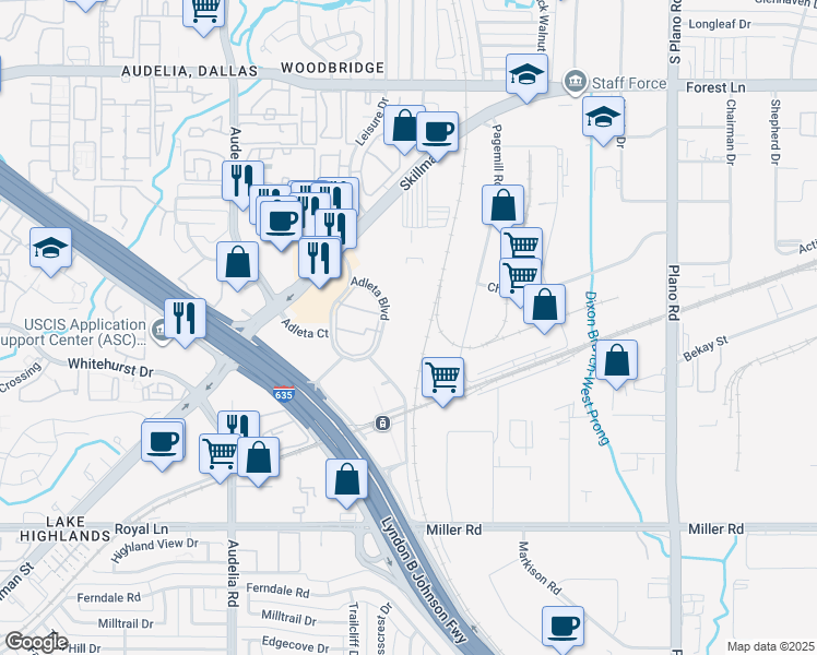 map of restaurants, bars, coffee shops, grocery stores, and more near 9959 Adleta Boulevard in Dallas