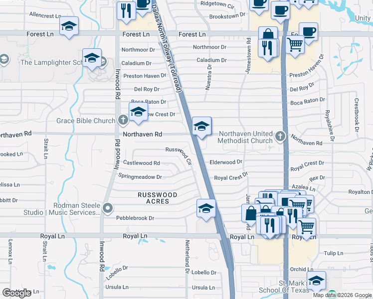 map of restaurants, bars, coffee shops, grocery stores, and more near 11169 Russwood Circle in Dallas