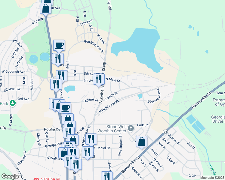 map of restaurants, bars, coffee shops, grocery stores, and more near 615 3rd Avenue Southeast in Thomaston