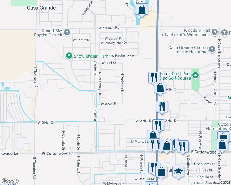 map of restaurants, bars, coffee shops, grocery stores, and more near 598 West Gabrilla Court in Casa Grande