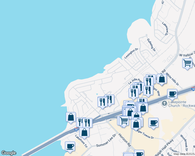 map of restaurants, bars, coffee shops, grocery stores, and more near 3416 Lakeside Drive in Rockwall