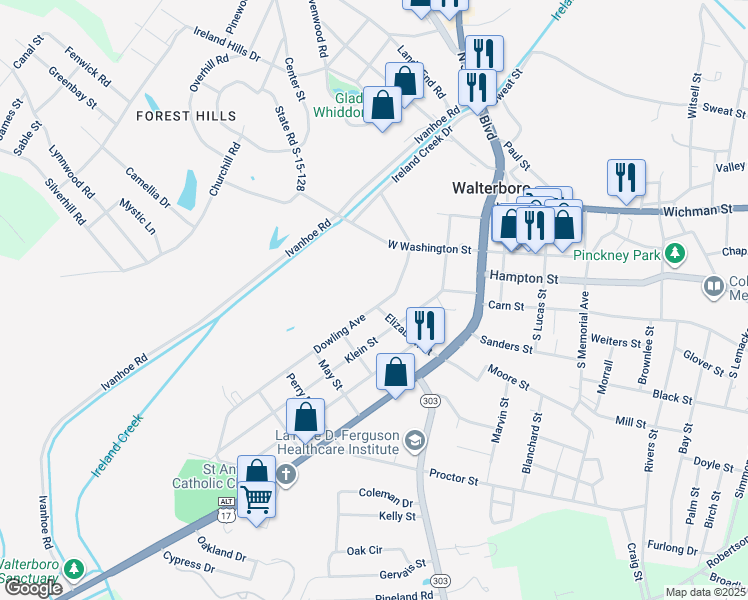 map of restaurants, bars, coffee shops, grocery stores, and more near 198 Dowling Avenue in Walterboro