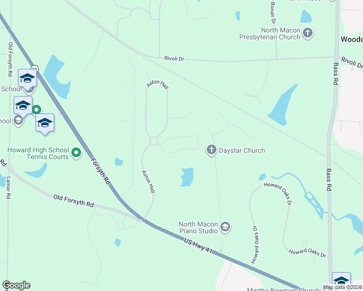map of restaurants, bars, coffee shops, grocery stores, and more near 6115 Forsyth Road in Macon