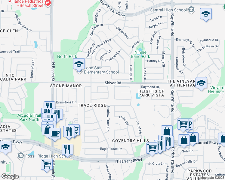 map of restaurants, bars, coffee shops, grocery stores, and more near 8833 Stirrup Way in Fort Worth