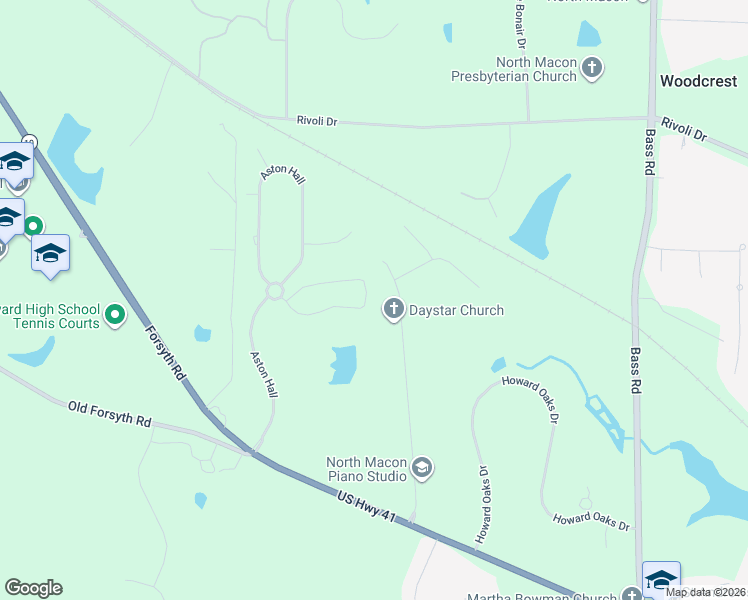map of restaurants, bars, coffee shops, grocery stores, and more near 696 Fairmont Drive in Macon