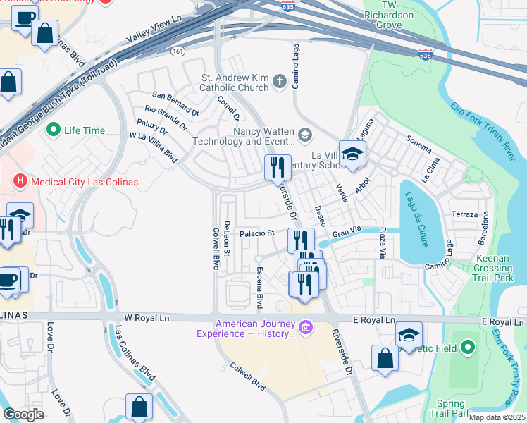 map of restaurants, bars, coffee shops, grocery stores, and more near 6810 Saint Francis Court in Irving