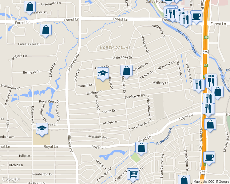 map of restaurants, bars, coffee shops, grocery stores, and more near 7214 Midbury Drive in Dallas