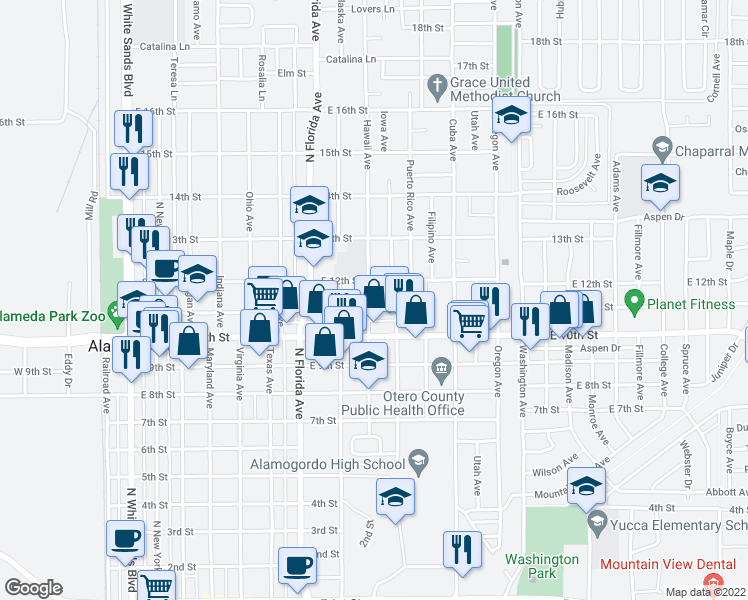 map of restaurants, bars, coffee shops, grocery stores, and more near 1112 Hawaii Avenue in Alamogordo