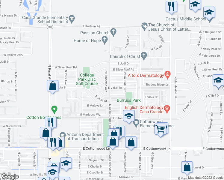 map of restaurants, bars, coffee shops, grocery stores, and more near 501 East Vekol Road in Casa Grande
