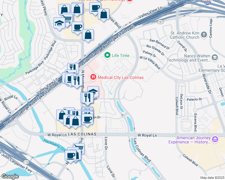 map of restaurants, bars, coffee shops, grocery stores, and more near 6732 Verandah Way in Irving