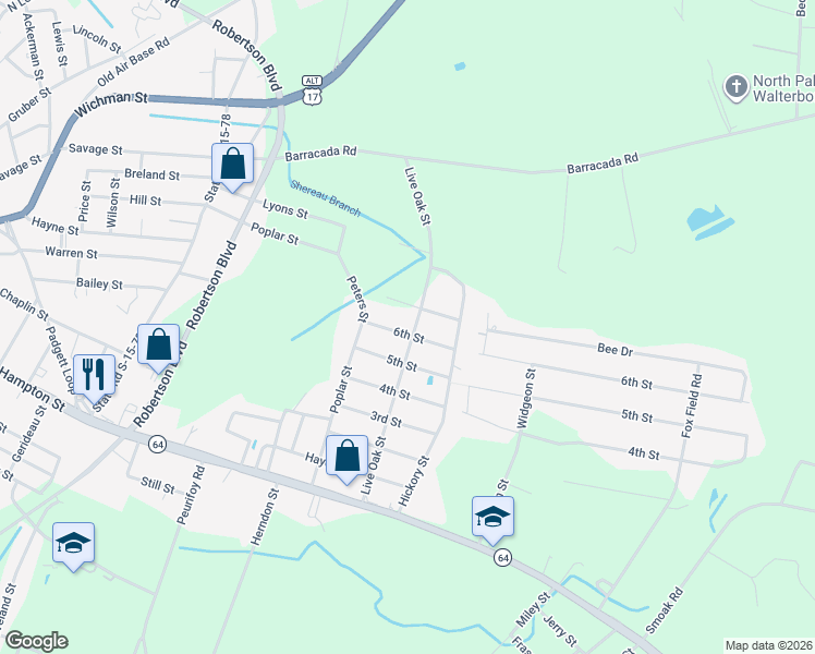 map of restaurants, bars, coffee shops, grocery stores, and more near 219 6th Street in Walterboro