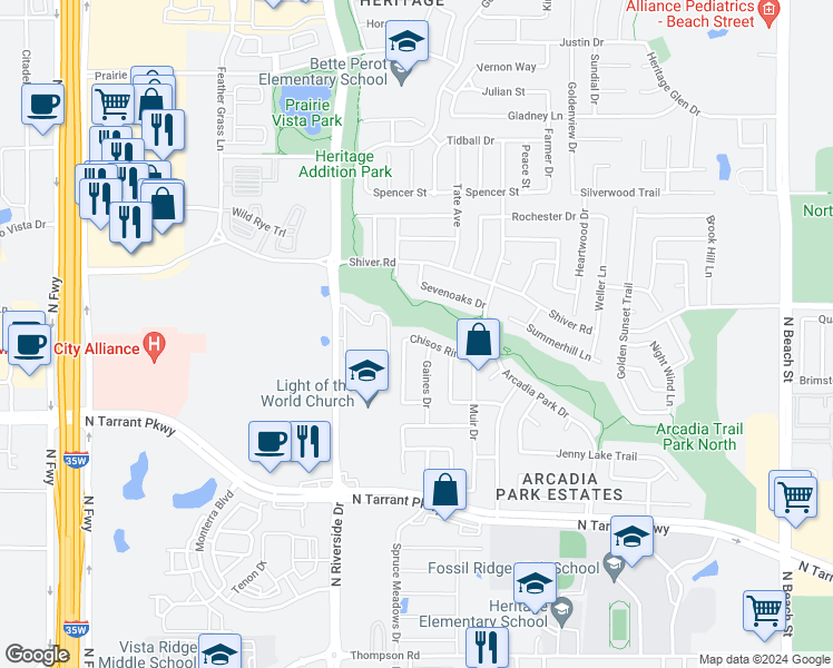 map of restaurants, bars, coffee shops, grocery stores, and more near 3813 Chisos Rim Trail in Fort Worth
