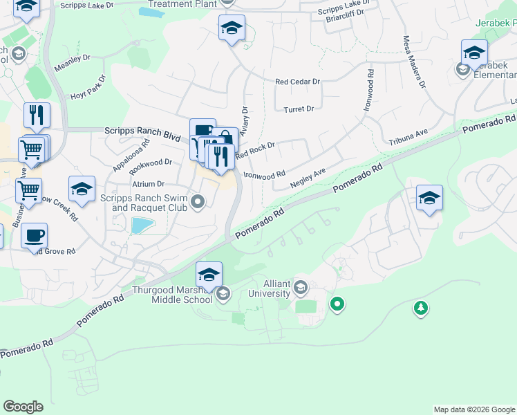 map of restaurants, bars, coffee shops, grocery stores, and more near 9919 Waldgrove Place in San Diego