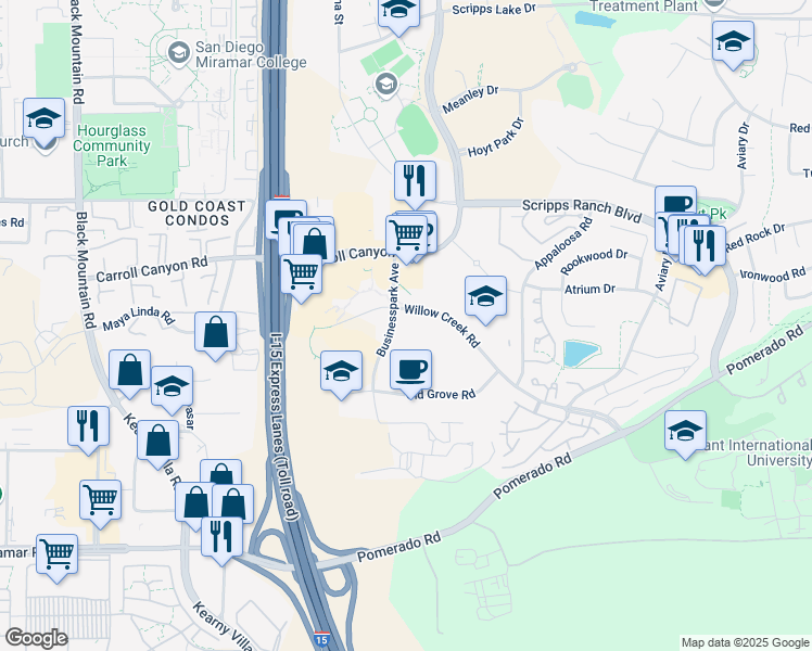 map of restaurants, bars, coffee shops, grocery stores, and more near 10021 Willow Creek Road in San Diego