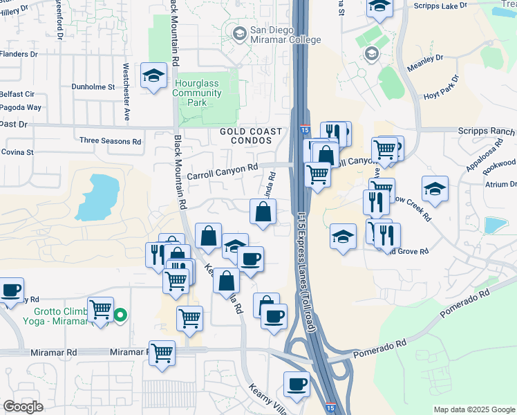 map of restaurants, bars, coffee shops, grocery stores, and more near 9730 Mesa Springs Way in San Diego