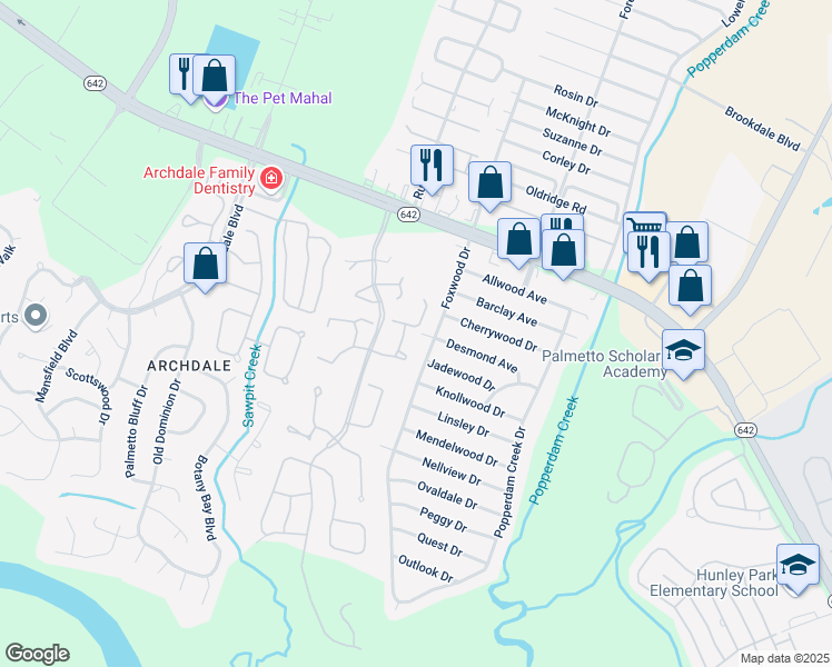 map of restaurants, bars, coffee shops, grocery stores, and more near 4796 Champion Way in North Charleston