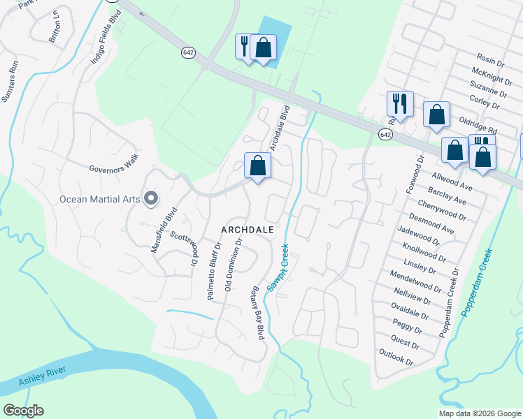 map of restaurants, bars, coffee shops, grocery stores, and more near 523 Laurel Ridge Road in Charleston