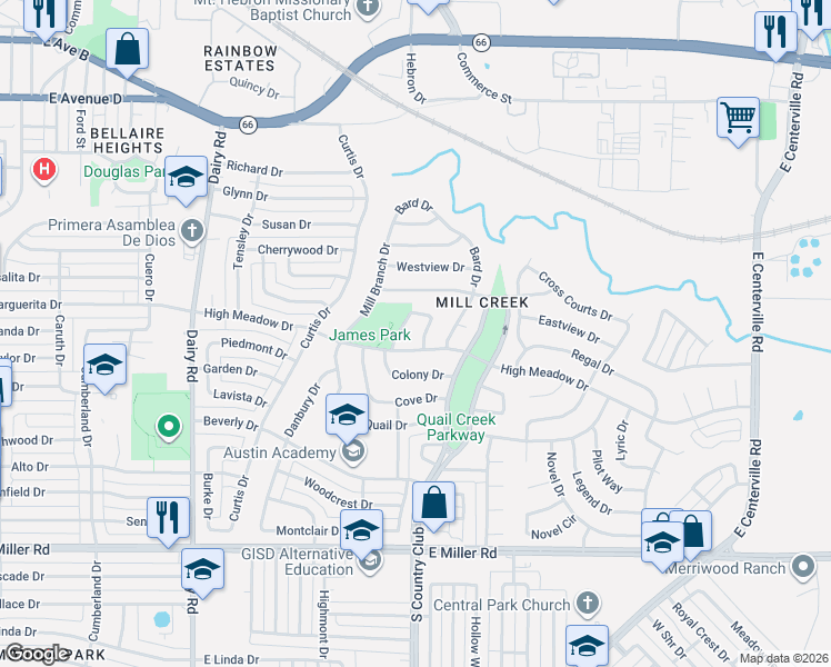 map of restaurants, bars, coffee shops, grocery stores, and more near 1362 Belinda Court in Garland